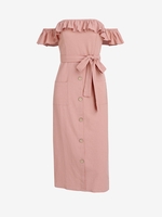 Robe Mi-Longue Ceinturée à Epaule Dénudée à Volants avec Poches M Rose clair