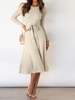 Robe Mi-Longue Côtelé Ceinturée à Manches Bouffantes S Café lumière
