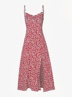 Robe Mi-Longue Fendue à Imprimé Fleurie L Rouge
