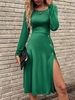 Robe Mi-Longue Fendue avec Bouton Latérale L Vert profond