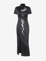 Robe Mi-longue Fendue Brodée Soyeuse S Noir