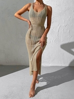 Robe Mi-Longue Fendue Croisée Ceinturée Au Crochet Taille unique Café