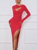 Robe Mi-Longue Fendue Découpée Tordue à Volants L Rouge