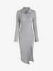 Robe Mi-Longue Fendue en Tricot à Câble à Demi-Bouton S Gris
