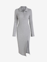Robe Mi-Longue Fendue en Tricot à Câble à Demi-Bouton S Gris