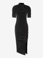 Robe Mi-Longue Fendue en Velours à Lacets S Noir