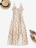 Robe Mi-longue Fendue sur le Devant Soyeuse Motif Floral M