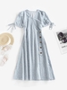 Robe Mi-Longue Fleurie avec Bouton à Manches Nouées L Bleu clair