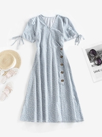 Robe Mi-Longue Fleurie avec Bouton à Manches Nouées L Bleu clair