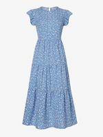 Robe Mi-Longue Fleurie Superposée à Volants à Manche Flottante M Bleu