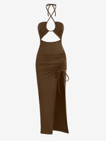 Robe Mi-Longue Moulante Croisée Découpée à Lacets L Café