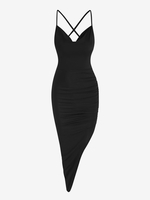 Robe Mi-Longue Plissée à Ourlet Asymétrique Croisée sans Dos à Lacets L Noir