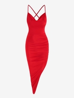 Robe Mi-Longue Plissée à Ourlet Asymétrique Croisée sans Dos à Lacets M Rouge