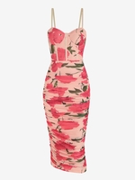 Robe Mi-Longue Style Corset Chinée à Imprimé Fleurie en Maille à Volants M Rose clair