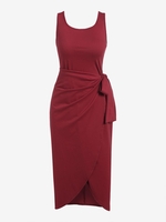 Robe Mi-Longue Superposée à Taille Nouée L Rouge foncé