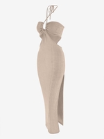 Robe Moulante à Col Halter à Dos Ouvert Croisé à Fente Élevée L Café lumière