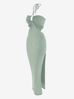 Robe Moulante à Col Halter à Dos Ouvert Croisé à Fente Élevée L Vert