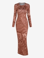 Robe Moulante à Imprimé Marbre à Manches Longues L Café
