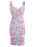 Robe Moulante à Lacets et Volants avec Imprimé Floral M