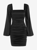 Robe Moulante à Manches Bouffantes en Satin L Noir