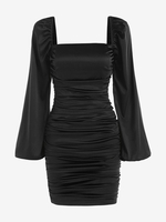 Robe Moulante à Manches Bouffantes en Satin L Noir