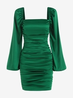 Robe Moulante à Manches Bouffantes en Satin M Vert