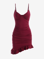 Robe Moulante Asymétrique à Volants S Rouge foncé