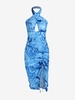 Robe Moulante Croisée à Imprimé Marbre Fendue à Col Halter M Bleu