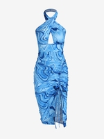 Robe Moulante Croisée à Imprimé Marbre Fendue à Col Halter M Bleu