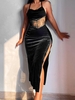 Robe Moulante Croisée Fendue en Dentelle Insérée en Velours L Noir