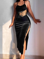 Robe Moulante Croisée Fendue en Dentelle Insérée en Velours S Noir