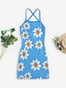 Robe Moulante Croisée Fleur à Carreaux Ouvert Au Dos M Bleu