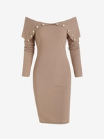 Robe Moulante Côtelée Boutonnée à Épaules Dénudées Xl Café