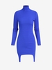 Robe Moulante Côtelée Jarretière à Col Haut M Bleu