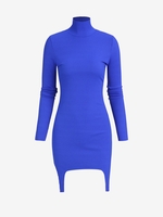 Robe Moulante Côtelée Jarretière à Col Haut M Bleu