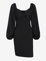 Robe Moulante Côtelée Tordue à Manches Lanternes S Noir