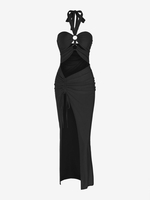 Robe Moulante Découpée à Fente Haute Anneau en O à Col Halter L Noir