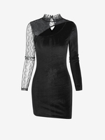 Robe Moulante Découpée en Dentelle Insérée en Velours M Noir