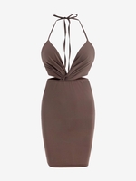 Robe Moulante Découpée Tordue sans Dos à Col Halter L Café profond