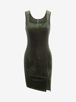 Robe Moulante en Velours à Fente S Vert profond