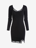 Robe Moulante Fendue Côtelé Panneau en Dentelle L Noir