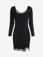 Robe Moulante Fendue Côtelé Panneau en Dentelle S Noir