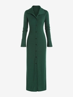 Robe Moulante Fendue Côtelée Boutonnée à Manches Evasées M Vert profond
