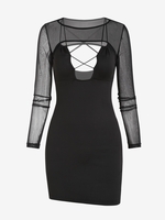 Robe Moulante Léopard Croisée Insérée en Tulle Transparente M Noir