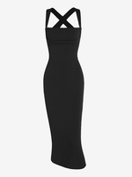 Robe Moulante Mi-longue Côtelée Croisée sans Dos M Noir