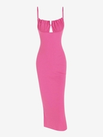 Robe Moulante Mi-Longue Côtelée Plissée Au Poitrine L Rose clair