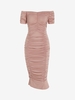 Robe Moulante Mi-Longue Plissée à Epaule Dénudée L Rose clair