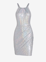 Robe Moulante Métallique Croisé à Volants L Argent