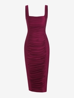 Robe Moulante Plissée à Col Carrée M Rouge foncé