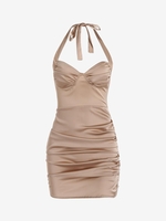 Robe Moulante Plissée sans Dos à Col Halter L Café lumière